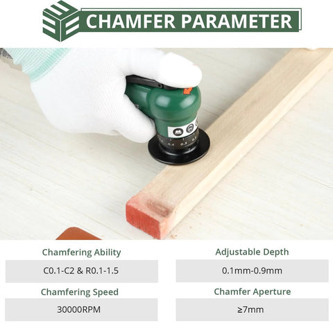 EYPINS Mini Pneumatic Chamfering Tool beveling wood edge; green handheld unit, 1/4" inlet, adjustable depth, 30,000 RPM
