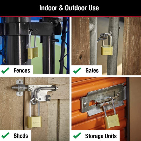 Brass Combination Gate Lock For Outdoor Fences And Sheds, Customizable Four Digit Padlock With Extended Two And A Quarter Inch Long Shackle, Weatherproof Two Pack Security Lock shown securing gates, fences, sheds, and storage units.
