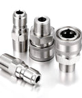 Eight-piece stainless steel NPT 3/8 inch pressure washer quick-connect adapters set, male and female, front view.