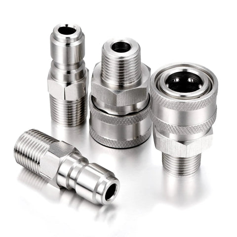 Eight-piece stainless steel NPT 3/8 inch pressure washer quick-connect adapters set, male and female, front view.