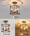 Three Light Farmhouse Vintage Semi Flush Mount Ceiling Light Fixture In Rustic Oil Rubbed Bronze Metal with different lighting settings