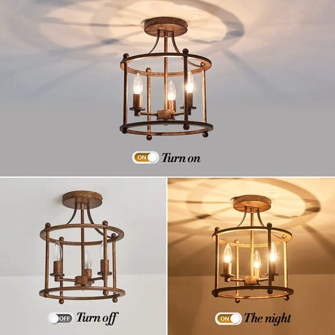 Three Light Farmhouse Vintage Semi Flush Mount Ceiling Light Fixture In Rustic Oil Rubbed Bronze Metal with different lighting settings