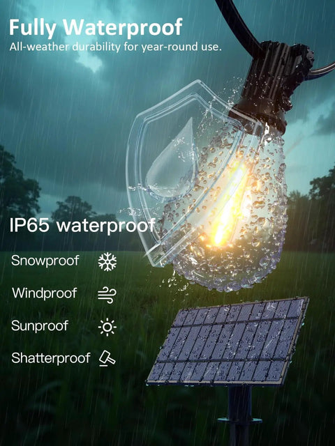 50 Foot Solar String Lights Outdoor Waterproof With 18 Plus 1 LED Bulbs Dual Power Solar USB Back Up in rain