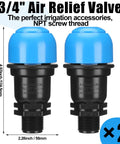 Front view: two 3/4-inch air release valves with blue caps and black bodies for irrigation drip systems
