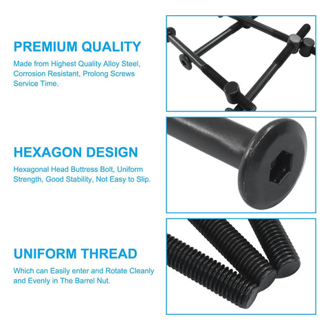Heavy Duty M8 X 110mm Matte Black Hex Bolts And Barrel Nuts Kit for bunk beds showing premium alloy steel design details.