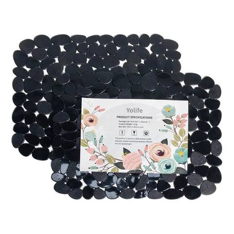Pebble Kitchen Sink Mats Set Black 2 Pack PVC Sink Protectors For Stainless Steel with floral packaging, durable and easy cleanup.