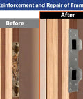 Before and after of heavy duty door strike plate reinforcement for front door security, double strike plate 5-1/2 inch centers, satin nickel