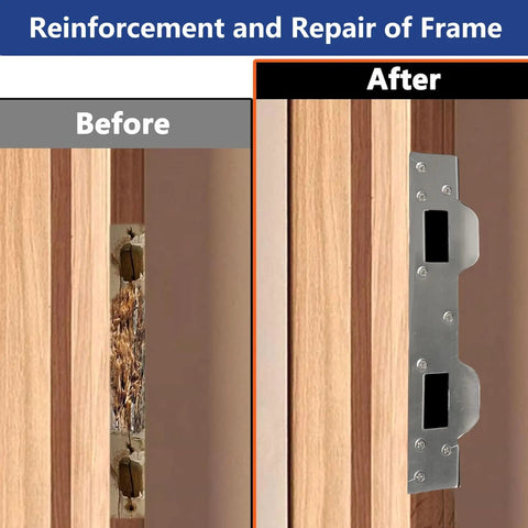 Before and after of heavy duty door strike plate reinforcement for front door security, double strike plate 5-1/2 inch centers, satin nickel