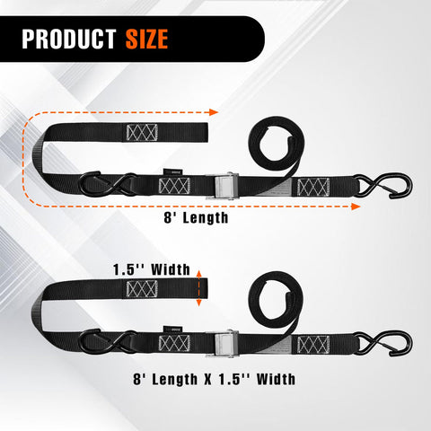 2 Pack 1.5 Inch By 8 Ft Beefy 3000 Lb Motorcycle Tie Down Straps with Cam Buckle S Hooks and Soft Loops for Secure Transport