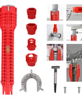 14 In 1 Tap Spanner Tool for Faucet Installation And Plumbing Repair showing components and usage in red aluminum alloy with accessories