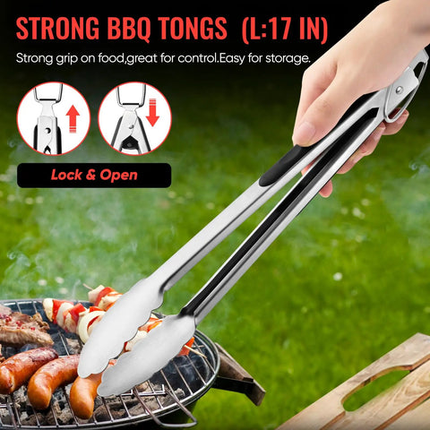 Stainless Steel BBQ Grill Tools Set For Outdoor Grilling Includes Tong Spatula Fork Knife Basting Brush Six Skewers And Gift Box tool.