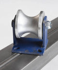 Smooth Operator V Shaped Gate Track Roller With Rock Solid 130X130mm Mounting Base on a steel guide for heavy duty sliding.