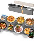 Roll Up Food Warmer Mat With 15W Wireless Charger And Quick Heat, 34 by 15 Inch Buffet Warmer showing hot dishes and charging phone, Grey