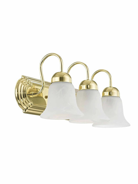Riviera Three Light Bath Light in Polished Brass with steel construction, white alabaster glass, 18in wide, 8in high, 8in deep.