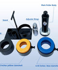 HKTE carrier and pinion bearing puller kit front view with main body, stand, adjuster rings, yellow and blue clamshells.