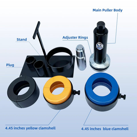 HKTE carrier and pinion bearing puller kit front view with main body, stand, adjuster rings, yellow and blue clamshells.