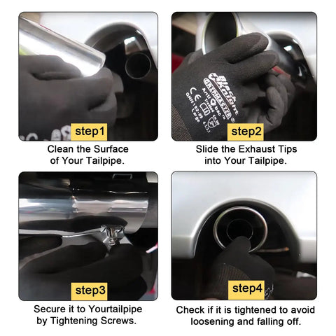 Installation steps for 3 Inch Inlet Exhaust Tip For 3 Inch Tailpipe OD, 4 And A Half Inch Outlet, 9 Inch Overall Length, stainless steel