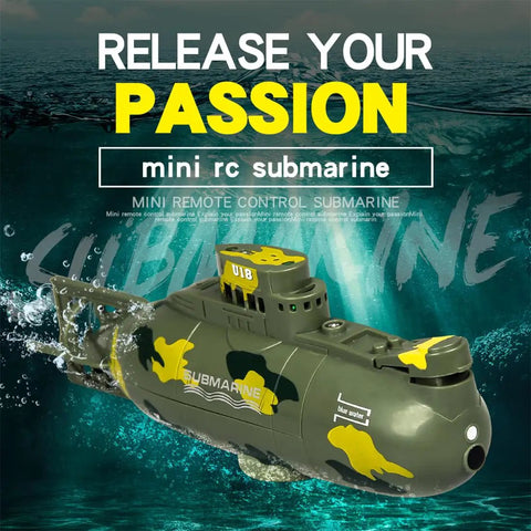 Green Cool Mini RC Nuclear Submarine Boat With One Key Dive And Water Detection Safety, in water with safety feature display.