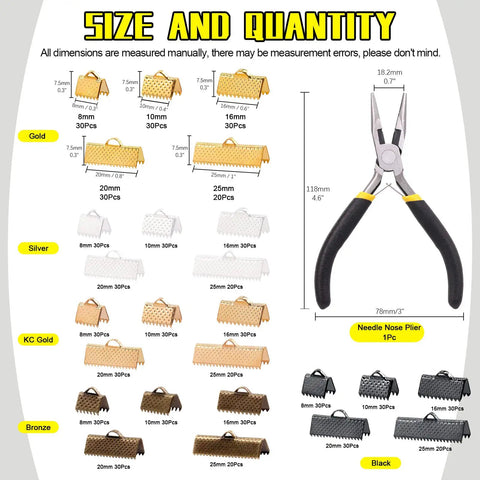 All In One DIY Jewelry Making Kit With 701 Pcs Ribbon End Clips And Pliers size and quantity display in gold, silver, bronze, black.
