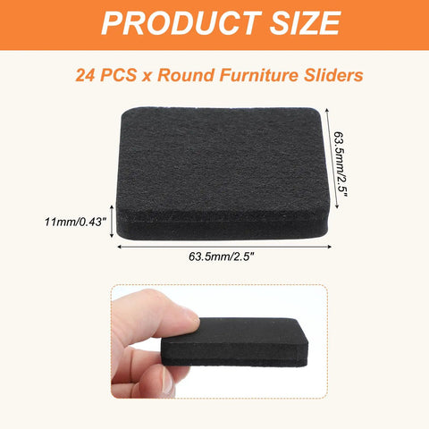 Heavy Duty Felt Furniture Sliders 24 Piece 2.5 Inch Square Movers Smooth Glide Pads with dimensions shown in hand for easy reference.