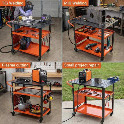 Rugged Portable Welding Table On Wheels With 36 By 24 Inch Work Surface 161 5/8 Inch Fixture Holes Heavy Duty Steel Frame Storage Panels