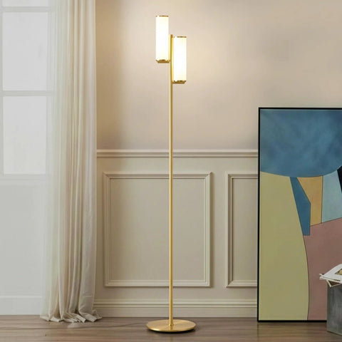 Gemini Dimmable Floor Lamp With Two Lights In Gold Brass Finish, Modern Tall Tree Style For Bedroom, Office, And Living Room, Sleek Standing Lamp For Contemporary Home Decor