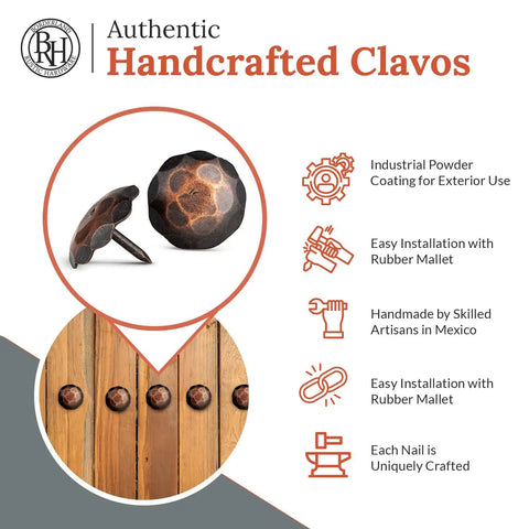 100 Pack 1.25 Inch Large Round Head Clavos Decorative Nails In Oil Rubbed Bronze displayed on wood with installation guide