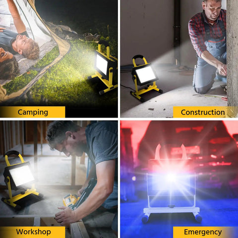 LED Work Light Dual Battery Compatible With DeWalt 20V And Milwaukee 18V Batteries in various settings: camping, construction, workshop, emergency.