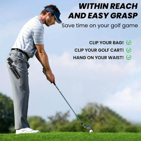Golfer using Leak Proof Golf Club Cleaner With Stretchable Brush And Microfiber Towel on course, clipped to belt.