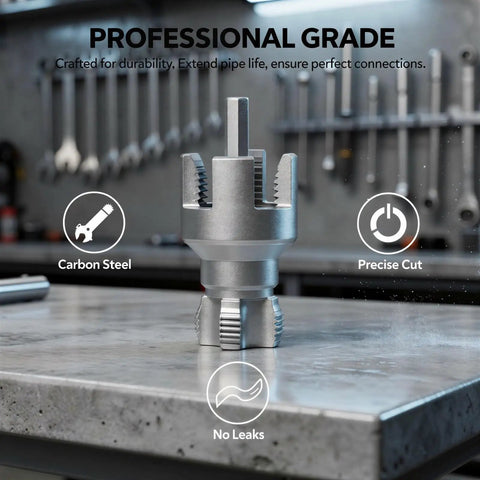 Heavy Duty Carbon Steel Pipe Thread Repair Kit For 1/2 And 3 4 Inch Pipes With Sealing Tape Includes Internal And External Tools For Plastic PVC PPR Water Lines Compatible With Electric Drills Made To Fix Leaks Fast. Carbon steel repair tool in workshop
