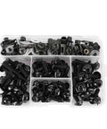 Aluminum Motorcycle Screw Kit 177 Piece Set M5 M6 Fairing Fasteners for Sportbikes shown in a clear organizer box