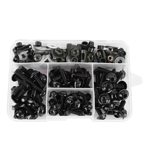 Aluminum Motorcycle Screw Kit 177 Piece Set M5 M6 Fairing Fasteners for Sportbikes shown in a clear organizer box