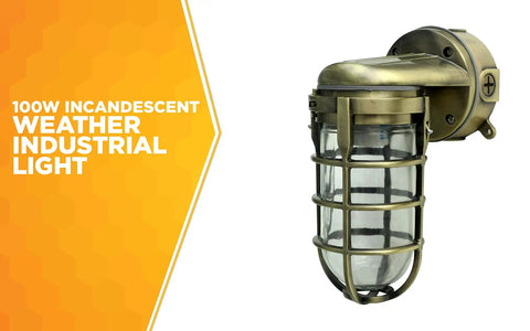 Industrial 100W Incandescent Wall Mount Light in Antique Brass, Built Tough Weatherproof Metal Die Cast Construction With Tempered Glass Lens And Protective Cage, Indoor Outdoor Lighting Fixture For Dwellings Shops And Patios