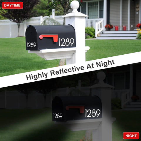 2 Inch Reflective Mailbox Numbers For Outside 5 Sets Self Adhesive Vinyl House Numbers on mailbox, day and night view.