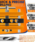 Self Centering Dowel Jig Kit With Drill Guide Bushings For Woodworking Pros, diagram with bushings sizes 1/4, 3/8, 5/16 inch