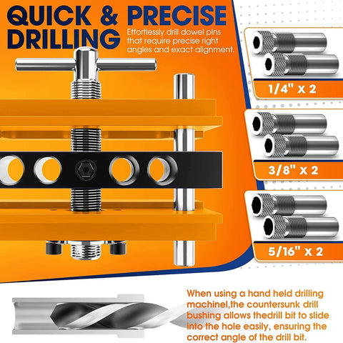 Self Centering Dowel Jig Kit With Drill Guide Bushings For Woodworking Pros, diagram with bushings sizes 1/4, 3/8, 5/16 inch