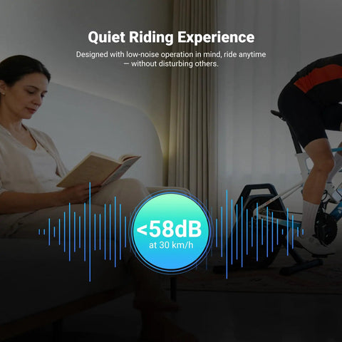 Quiet living room scene with a man using Direct Drive Indoor Bike Trainer With Bluetooth And ANT Plus Smart Resistance Control.