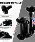 Heavy Duty 12V Dual Electric Car Air Horn With Built In Compressor 120 Decibel Insanely Loud waterproof dual trumpet showing ABS material and connectors.