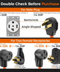 NEMA 14-30P to 14-30R and 14-50R splitter cord diagram showing plug and receptacle types for EV chargers, dryers, and RVs.