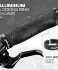 Close-up of black ergonomic non-slip MTB grip with aluminum locking ring design for secure fit, Premium Ergonomic Non Slip Bike Grips For MTB Handlebar Dual Locking 130mm Universal Fit All Weather Comfort Durable Rubber Grips For Mountain Biking Boost Your Grip Game And Comfort On Every Ride visible