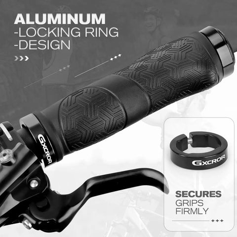 Close-up of black ergonomic non-slip MTB grip with aluminum locking ring design for secure fit, Premium Ergonomic Non Slip Bike Grips For MTB Handlebar Dual Locking 130mm Universal Fit All Weather Comfort Durable Rubber Grips For Mountain Biking Boost Your Grip Game And Comfort On Every Ride visible
