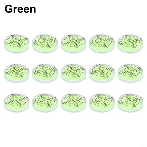 15 Pack 32mm Round for spirit Level for acrylic Bubble Gauge Precision in green, showing 15 bubble levels arranged neatly.