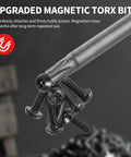 Heavy Duty Extra Long Torx Bit Set That Cranks Down Tight Junk Like A Champ S2 Steel Security Driver Bits Magnetic Hex Shank T6 To T40 For Easy Fix Ups, showing screws held by magnetic Torx bits.