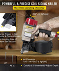 Coil Nailer CN55 in hand showing 360-degree exhaust, air pressure info, and trigger modes; product type and use visible.