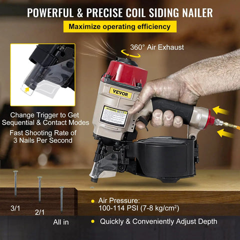 Coil Nailer CN55 in hand showing 360-degree exhaust, air pressure info, and trigger modes; product type and use visible.