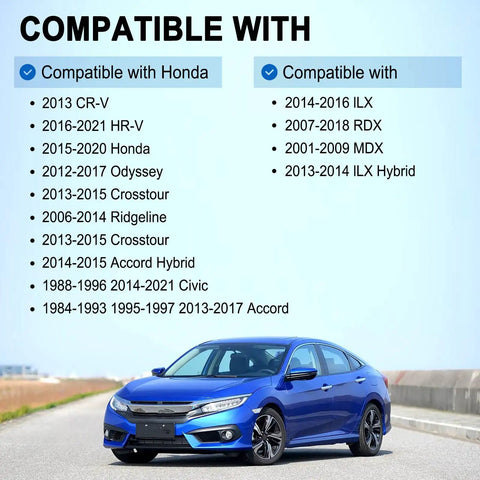 Blue car with list of vehicles compatible with Washer Fluid Reservoir Cap Replacement For Honda Odyssey 2012 2017 Crosstour 2013 2015 CR V 2013 MDX 2001 2009 RDX 2007 2018 ILX Hybrid 2013 2014 OE 38513 SC4 672 Keeps Your Ride Running.