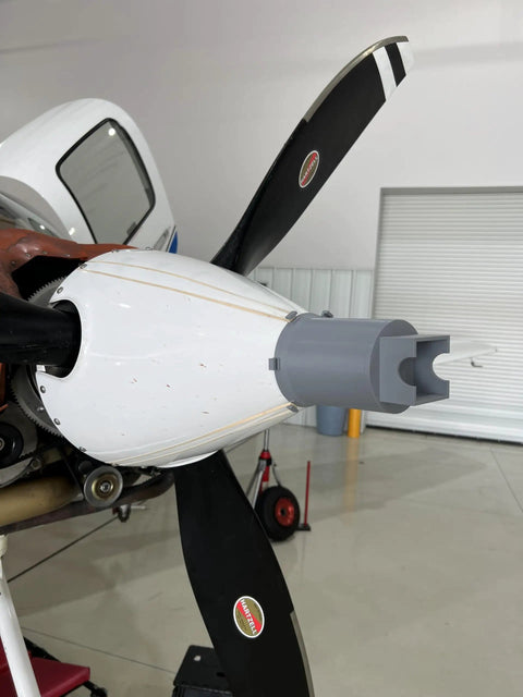 Magneto Timing Tool For Aircraft Prop, Precision Cap Spinner Cone Timing Gauge attached to propeller in hangar setting