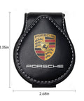 Porsche Sunglasses Holder Car Clip for Visor One Hand Operation Leather Eyeglass Clip with logo, black, 3.35x2.68 inches.