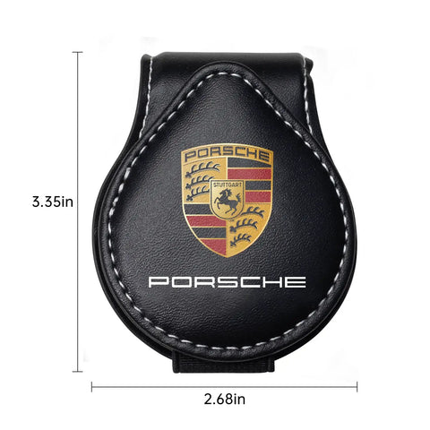 Porsche Sunglasses Holder Car Clip for Visor One Hand Operation Leather Eyeglass Clip with logo, black, 3.35x2.68 inches.
