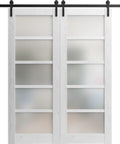 Double Barn Door With Frosted Glass In Nordic White Finish Heavy Duty Sliding Door Kit With 13 Foot Rail And Hangers Solid Panel Interior Doors Measuring 84 By 96 Inches Black Rail
